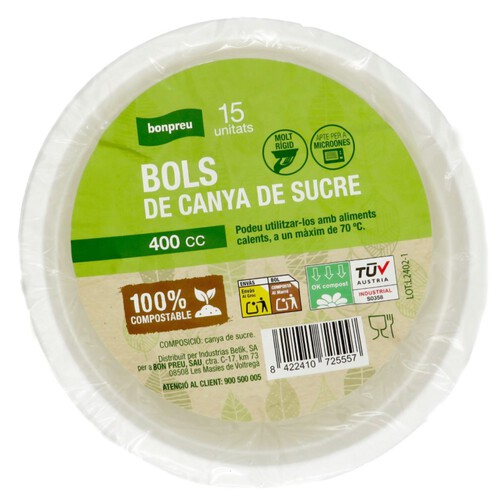 BONPREU Bols de canya de sucre 400 cc