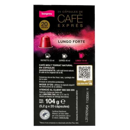 BONPREU Càpsules de cafè Lungo Forte intensitat 10