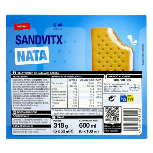 BONPREU Gelat sandvitx de nata