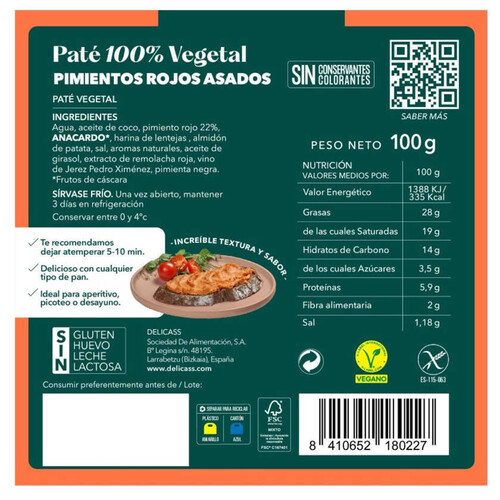 DELICASS Paté vegetal amb pebrot vermell rostit