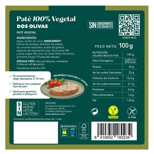 DELICASS Paté vegetal dos olives